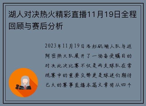 湖人对决热火精彩直播11月19日全程回顾与赛后分析